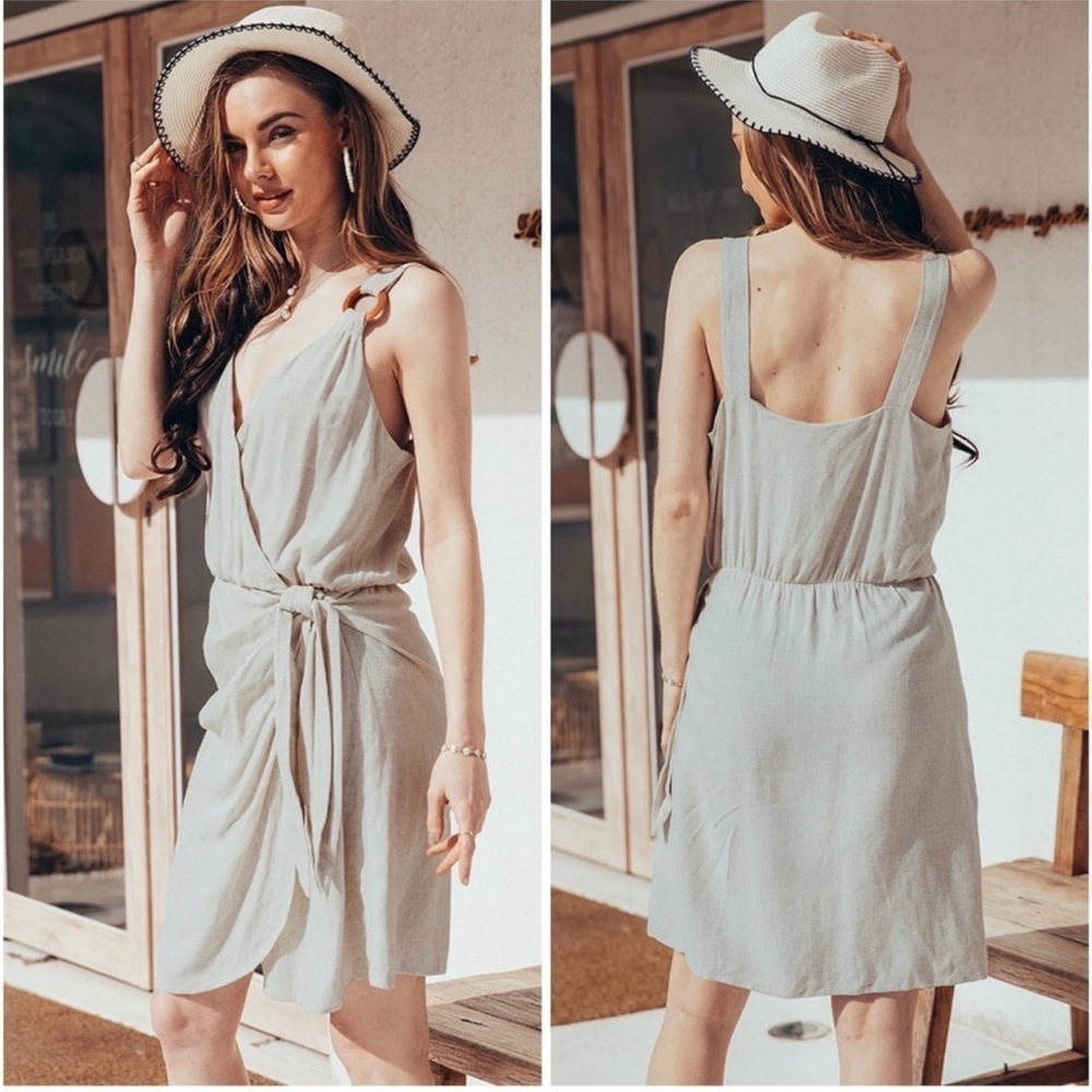 Cupshe Jeanette Wrap Dress Sz L Natural Wood O-Ring Tie Waist Linen V-Neck NWT
